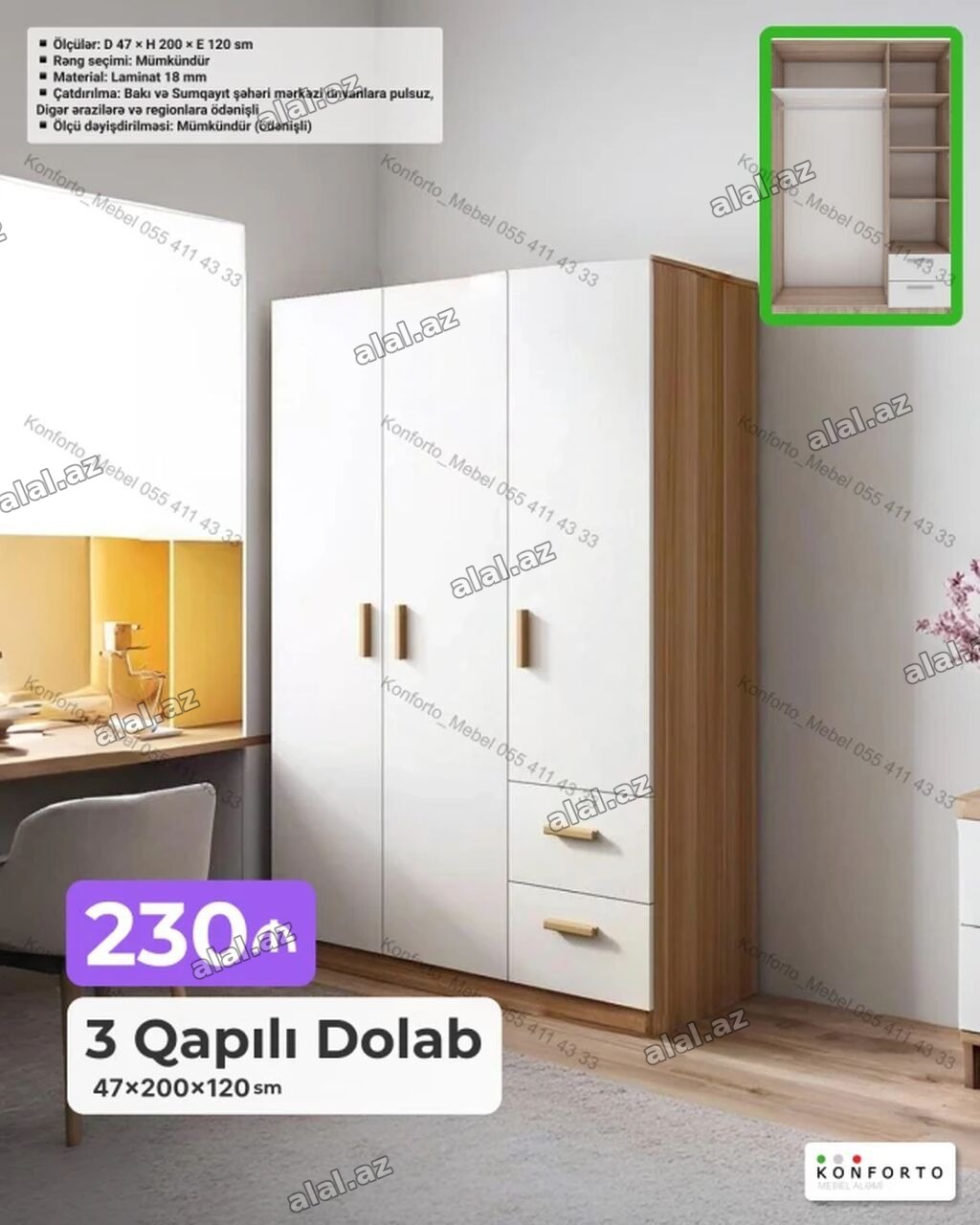 Yeni, 3 qapılı, Siyirməli, Ağ, Açılan, Düz dolab