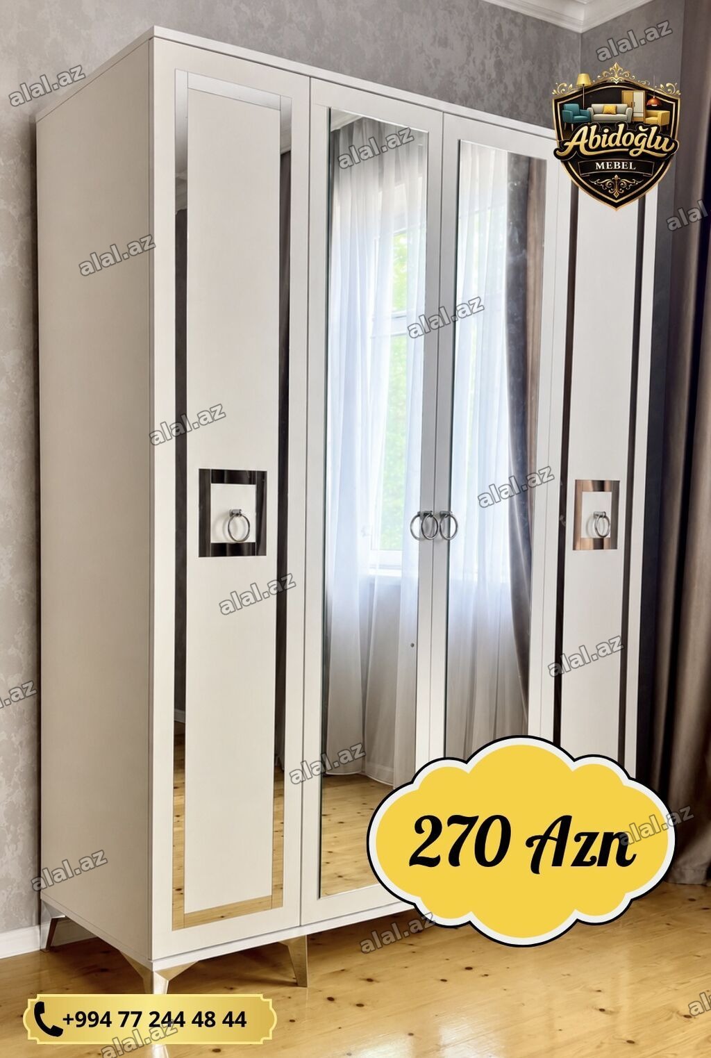 Yeni, 4 qapılı, Güzgülü, Ağ, Açılan, Düz dolab