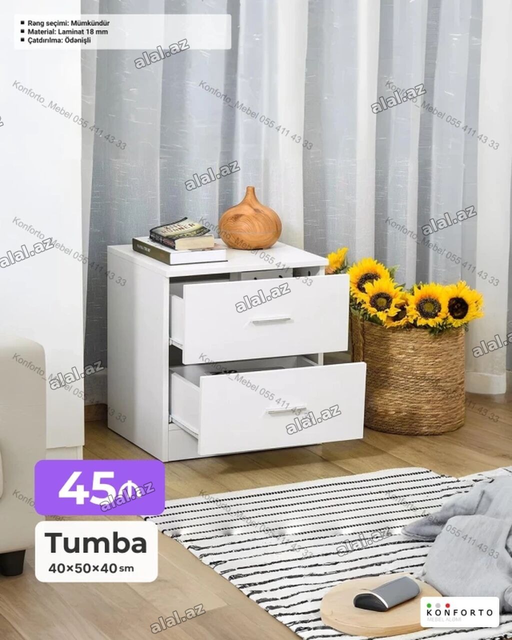 Ağ rəngli 3 çekmeceli tumbə - Ölçülər: 40×50×40 sm - Material: 18 mm