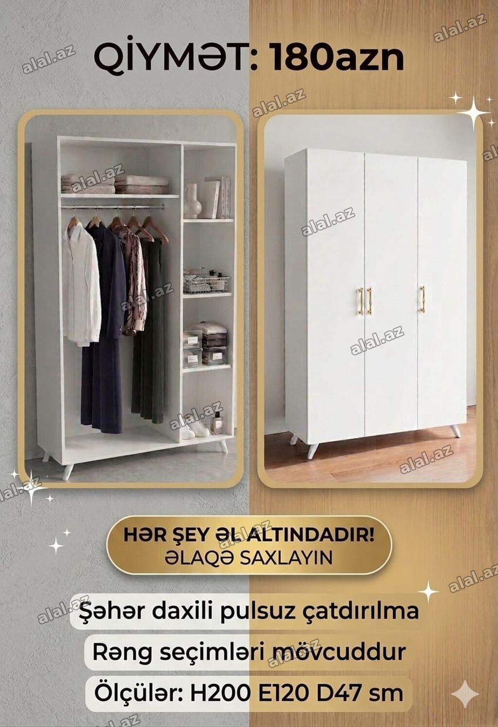 Yeni, 3 qapılı, Ağ, Taxta, Açılan, Düz dolab