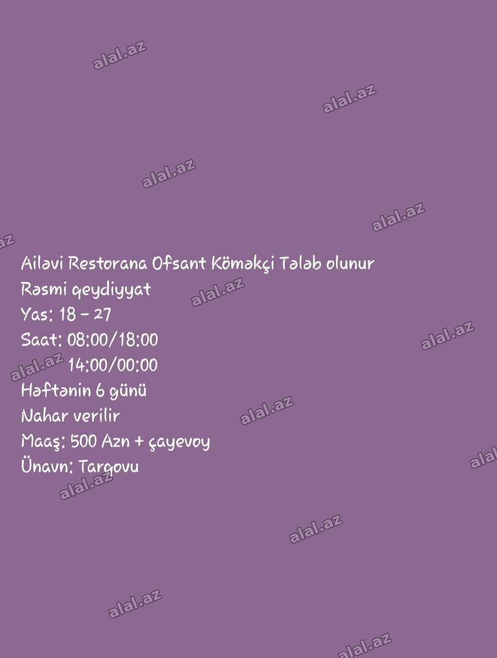 Ofisiant tələb olunur, Restoran, Aylıq ödəniş, 18-29 yaş, 1 ildən az təcrübə