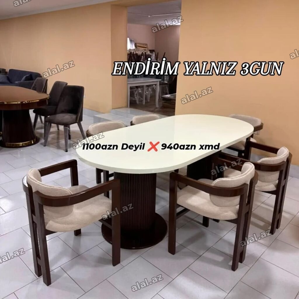 Yemək dəsti – oval masa və 6 ədəd kreslo - Masa: oval formalı, açıq