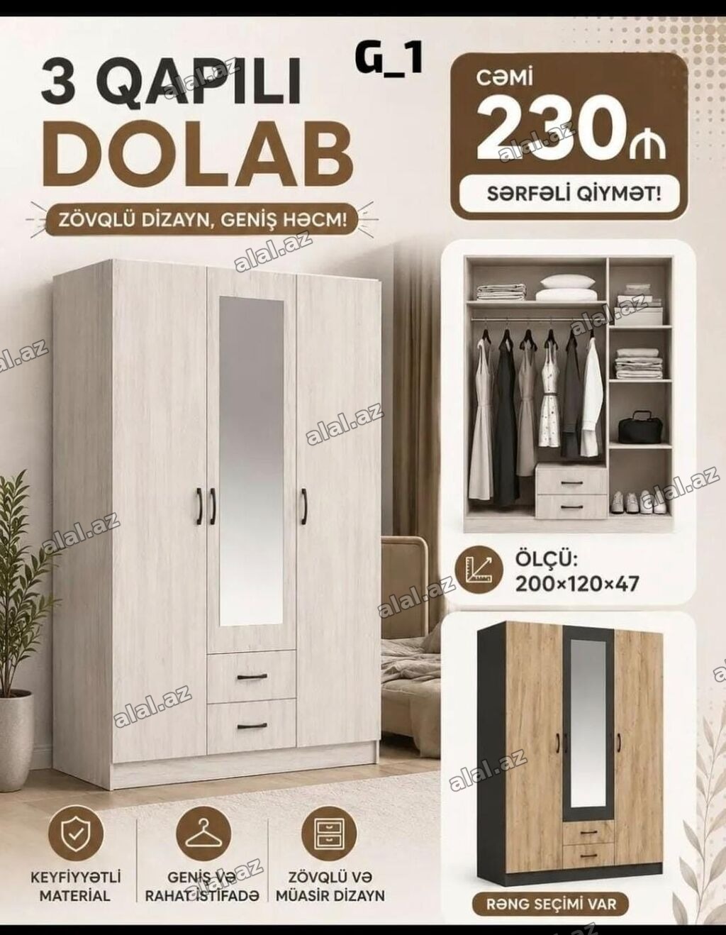 *3 qapılı dolab 230Azn💥* ✔️ Rəng seçimi var ✔️ Matireal Rusiya