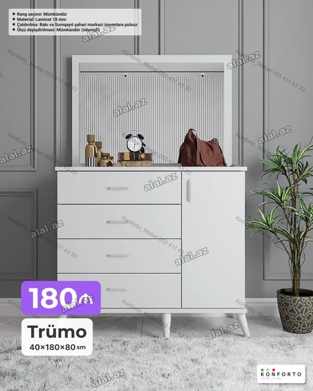 Trümö – 40×180×80 sm - Minimalist dizayn, ağ rəngdə - Material: 18 mm