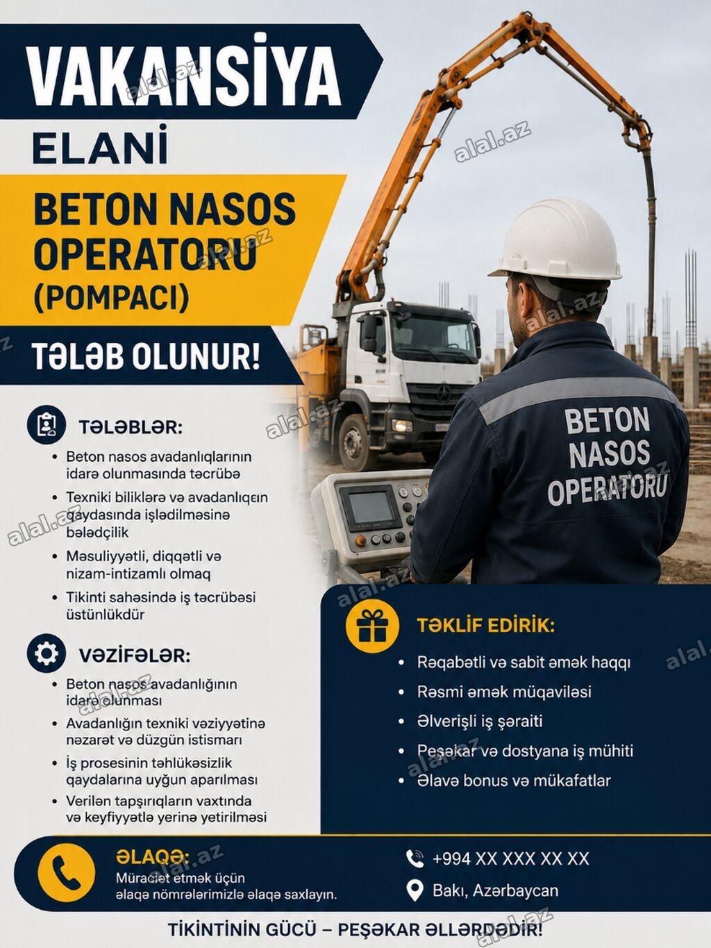 Beton, monolit ustası tələb olunur, 1-2 illik təcrübə, Növbəli qrafik, Aylıq ödə
